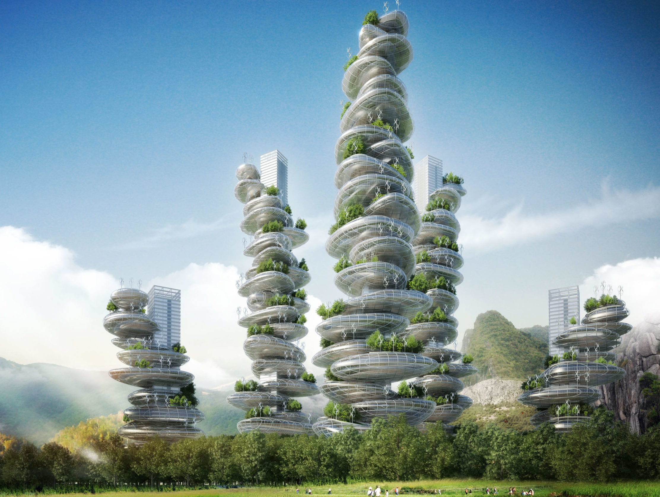 Futuristic green solarpunk city with lots of trees