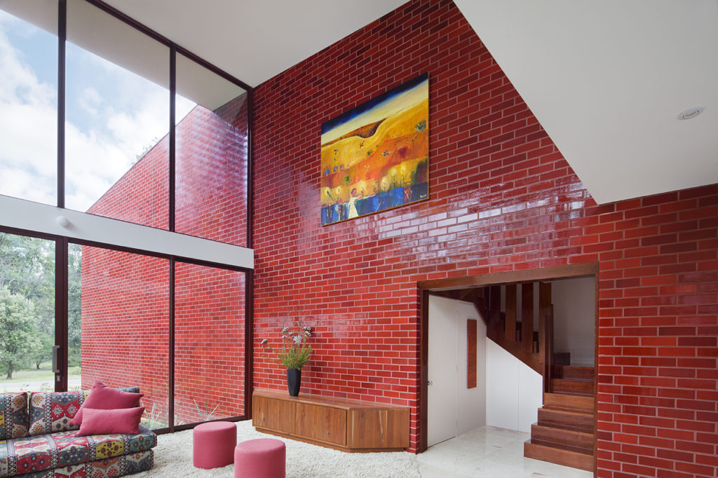 Finn House Exterior View, Wall of red glazed bricks