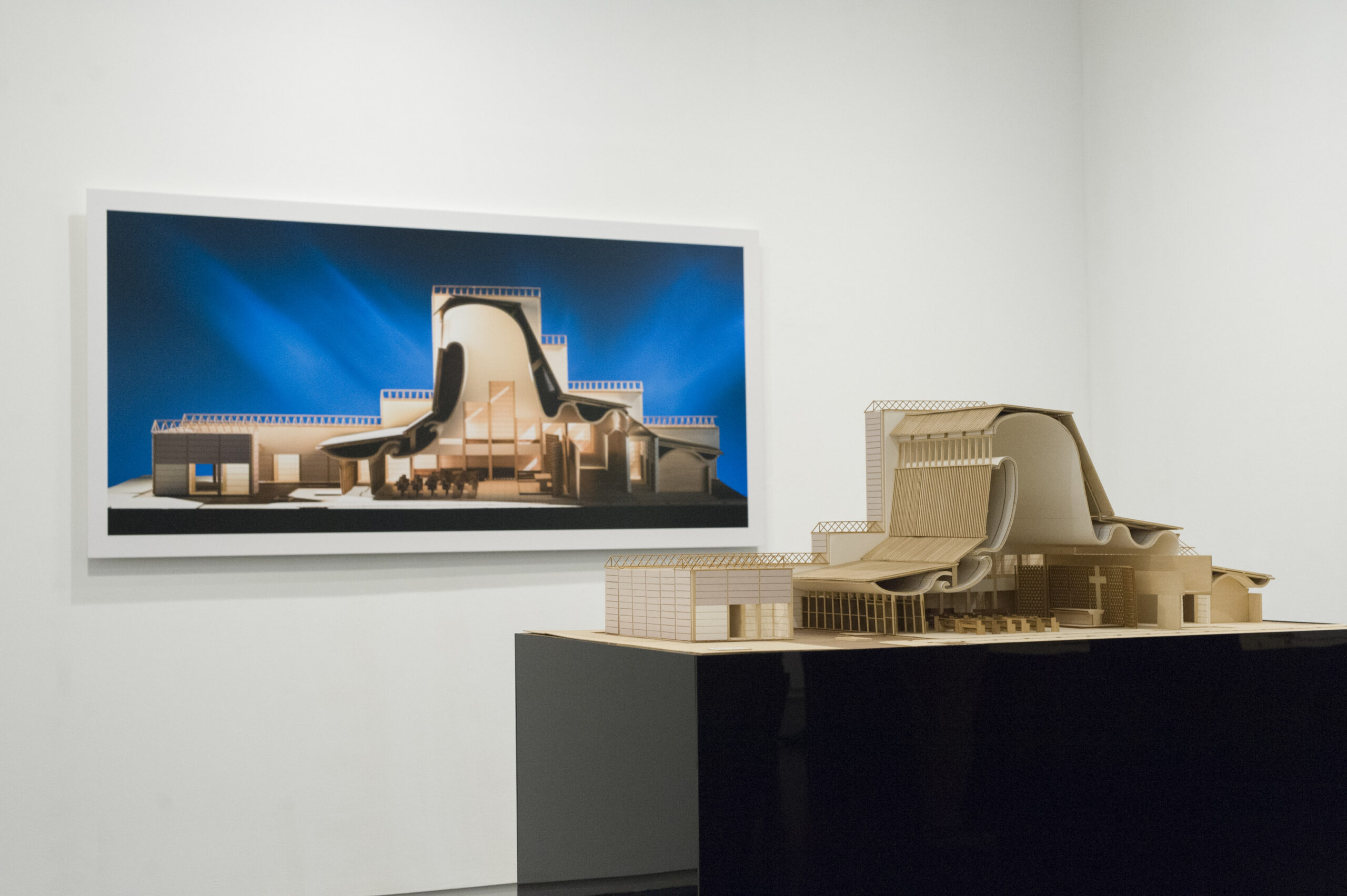 A model of Jorn Utzon's Bagsværd Church by former GSAPP students and accompanying photograph by James Ewing. Featured in the Stagecraft: Models and Photos exhibition at the Arthur Ross Architecture Gallery at Columbia GSAPP.