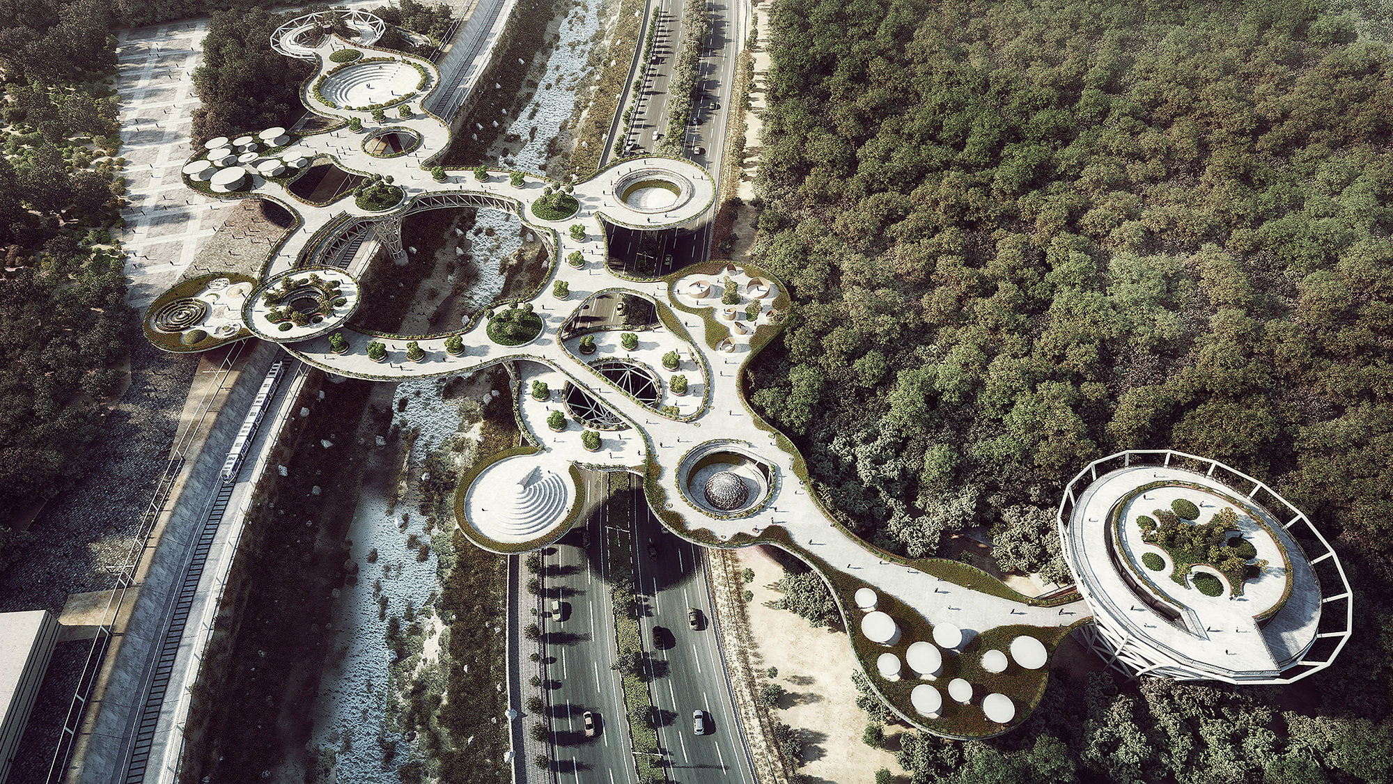 A semi-areal view of the Life Bridge project, showcasing different green and urban spaces. 