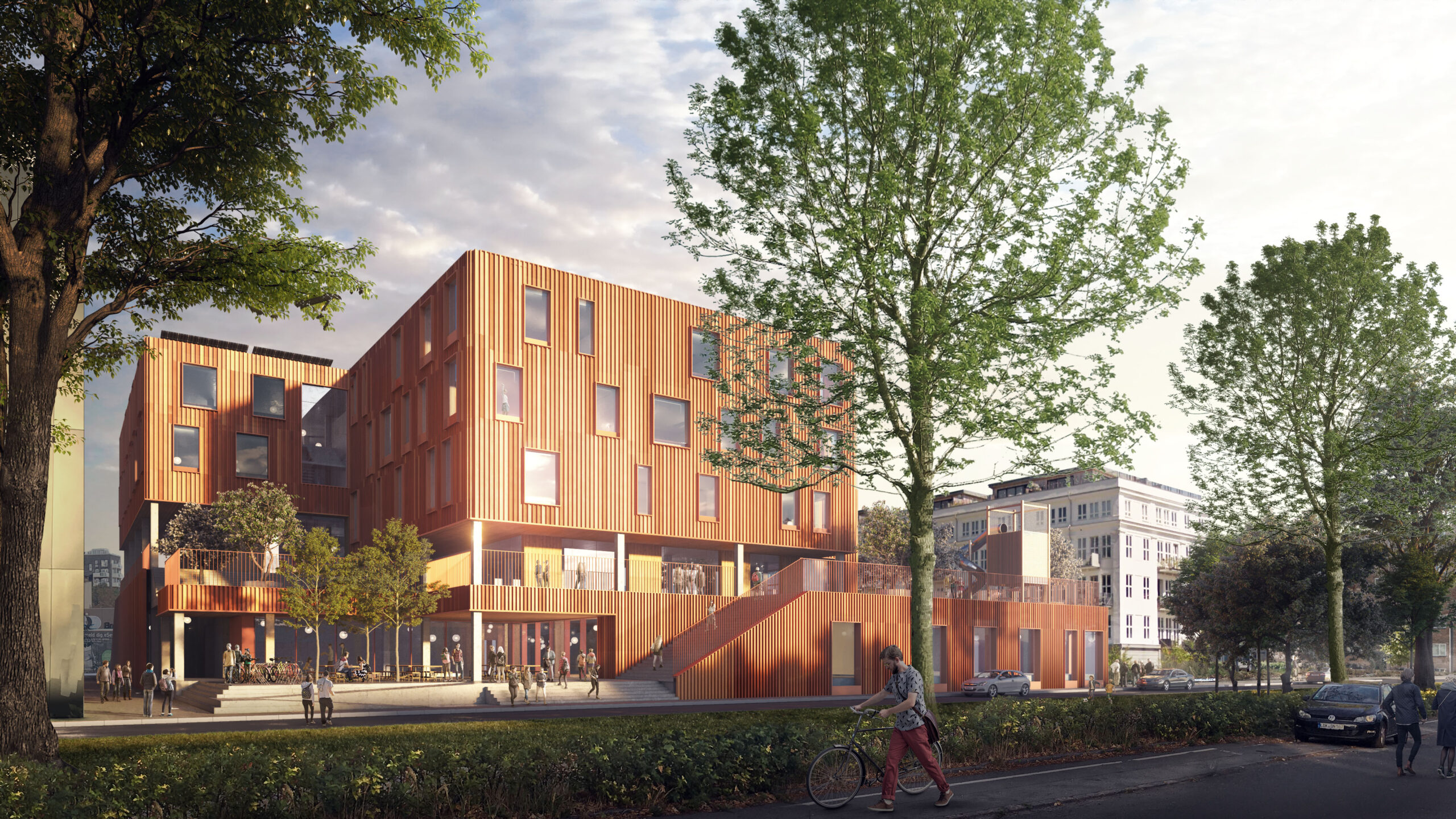 Aphoto-realistic render of the school's exterior, showcasing its playful facade with wooden cladding.