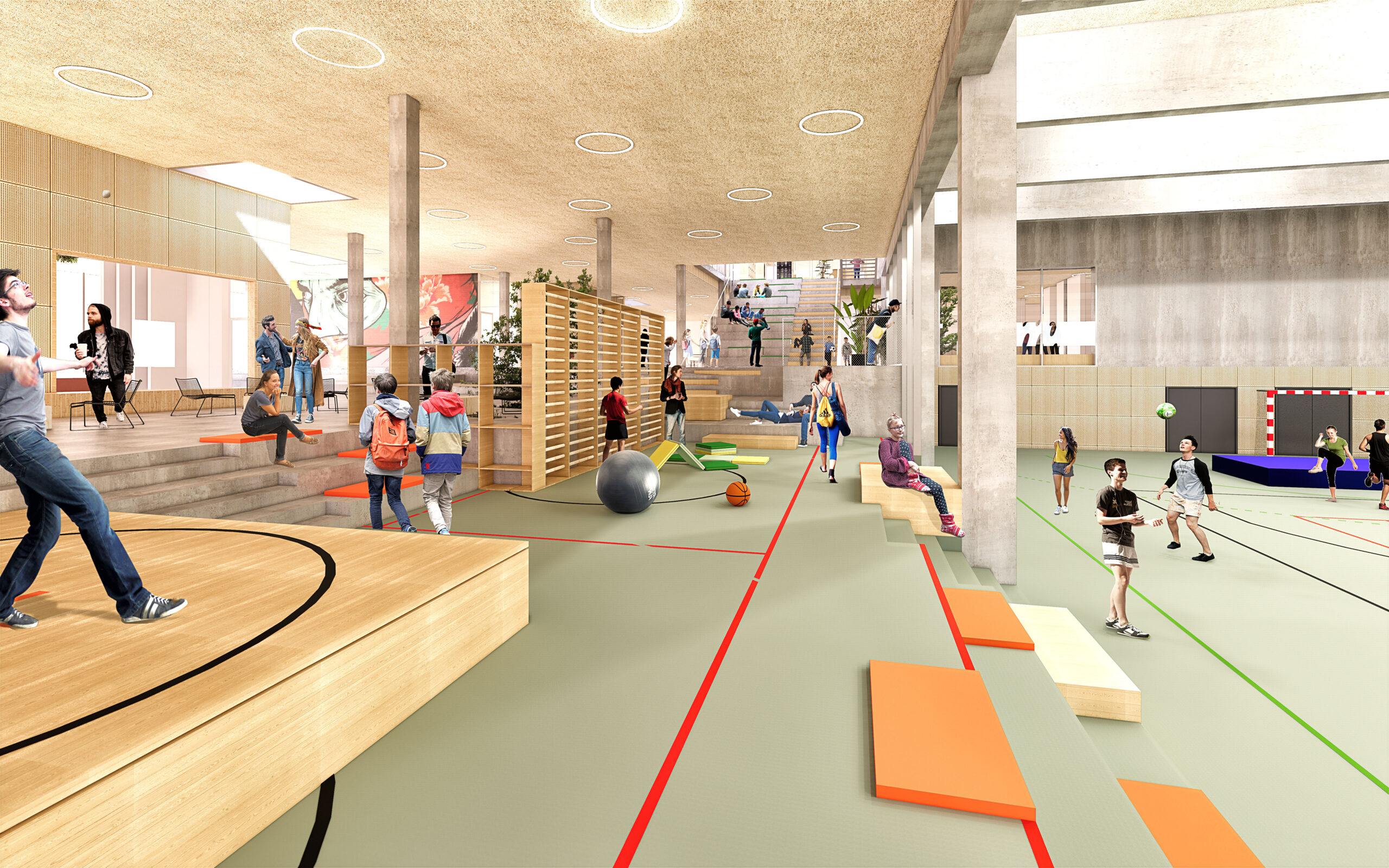 Collage of Nordøst Amager School's gym in use, featuring a harmonious blend of wooden elements and furniture, accentuated by natural light that floods the space.