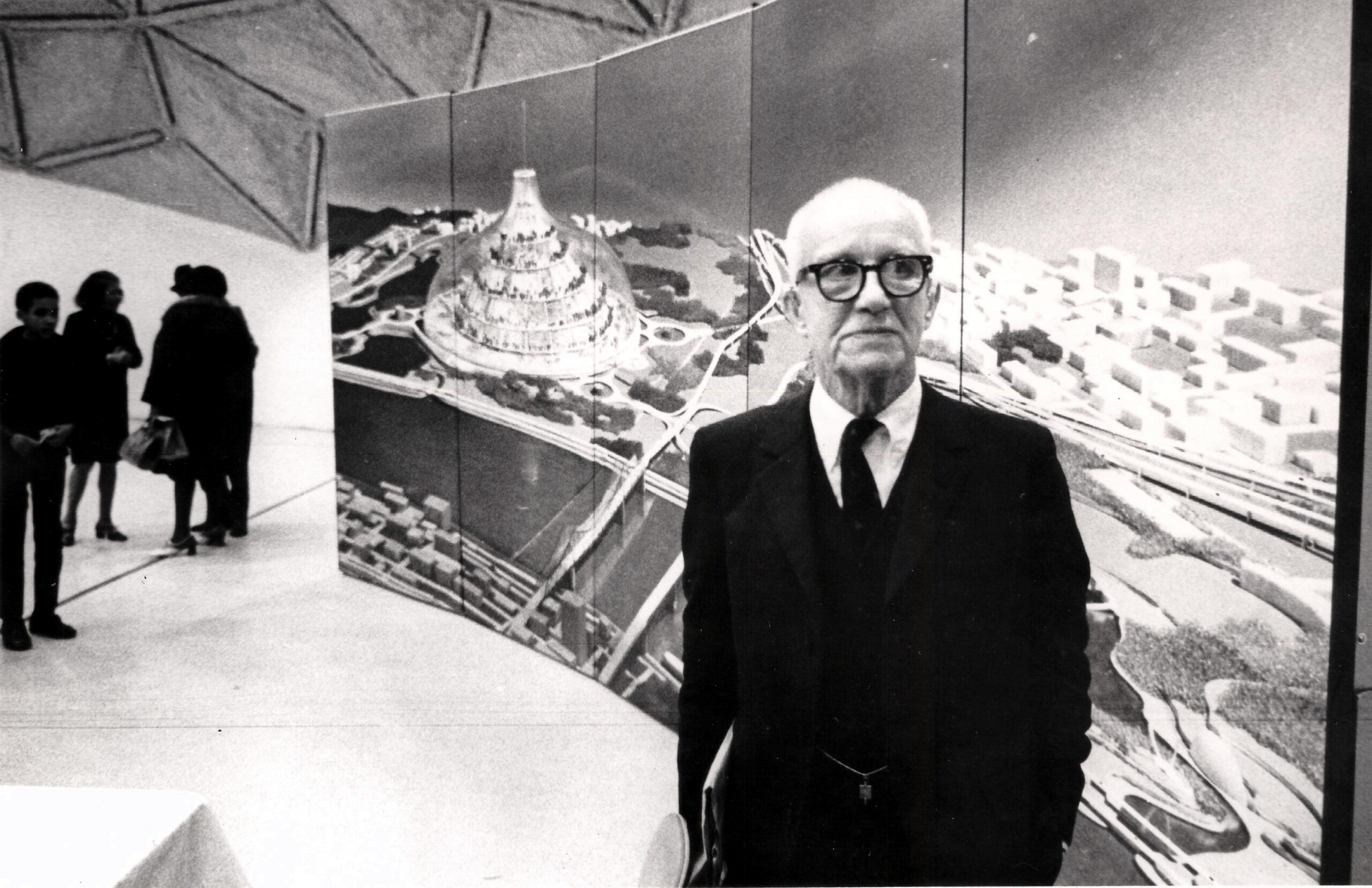 R._Buckminster_Fuller_with_his_domed_city_design - architizer