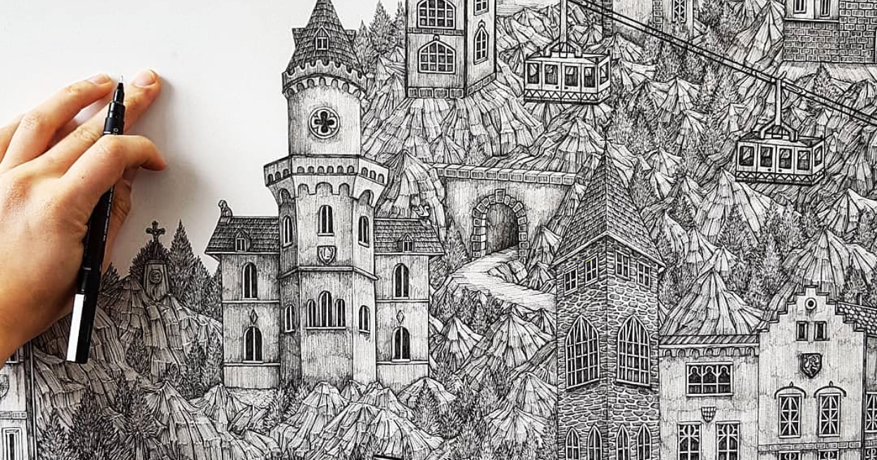 ink drawings of buildings