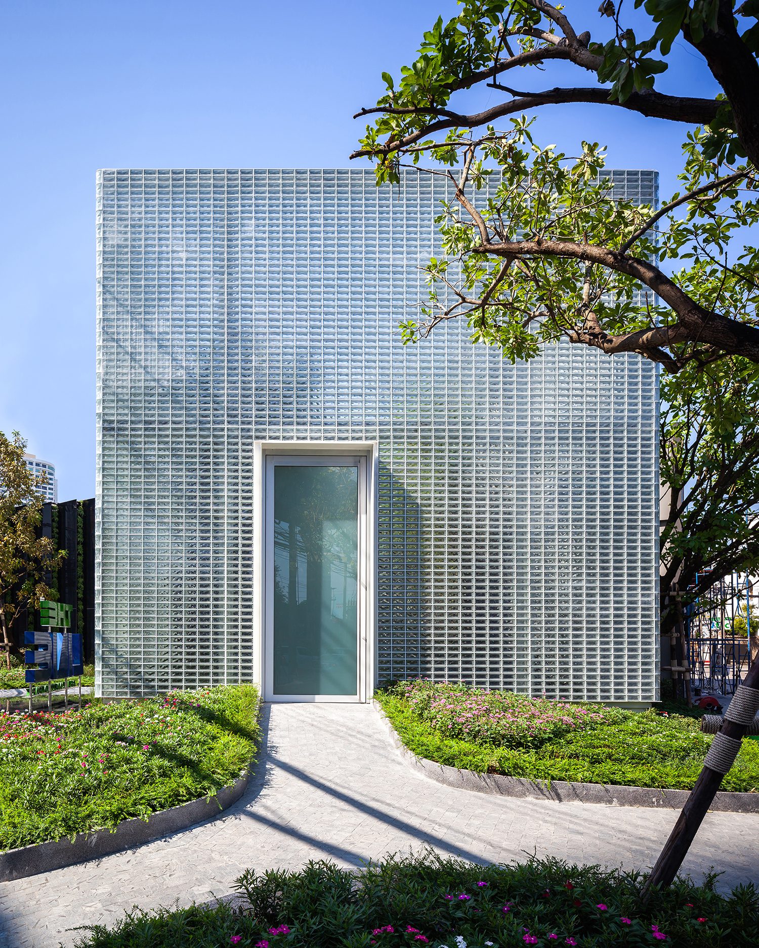 Glass block building in Thailand, exterior