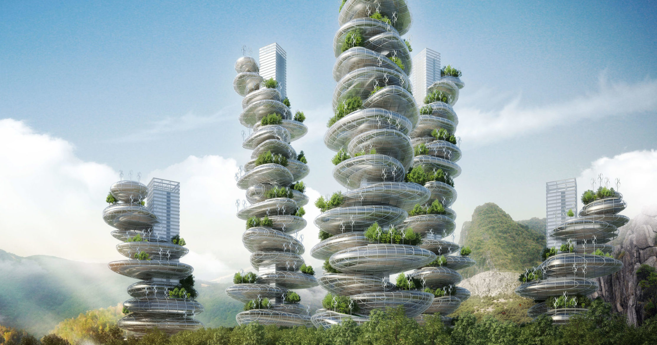 A solarpunk city with white skyscrapers, plants and the ocean nearby